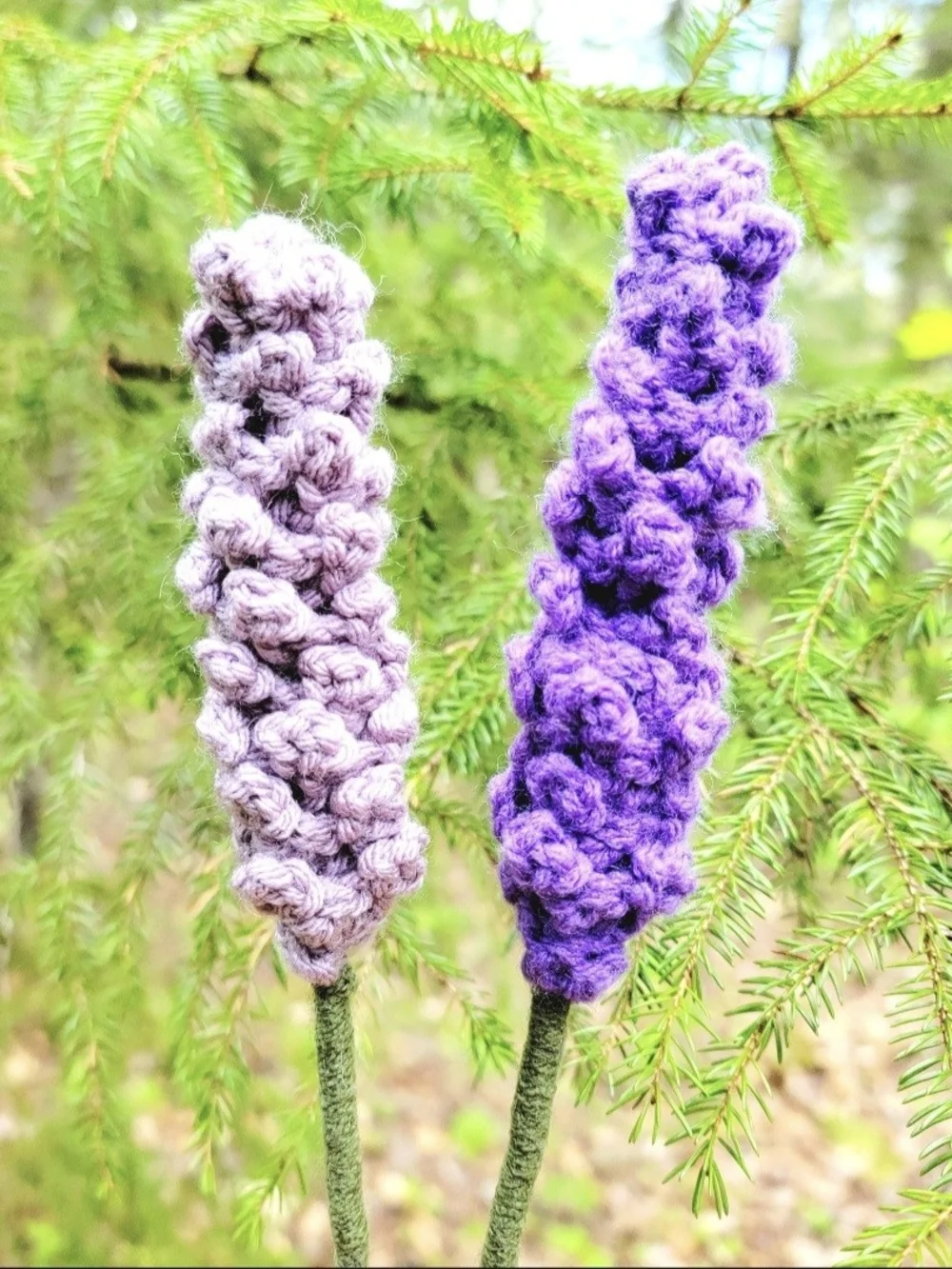 Single stem crocheted purple lavender or lilac flowers - 12